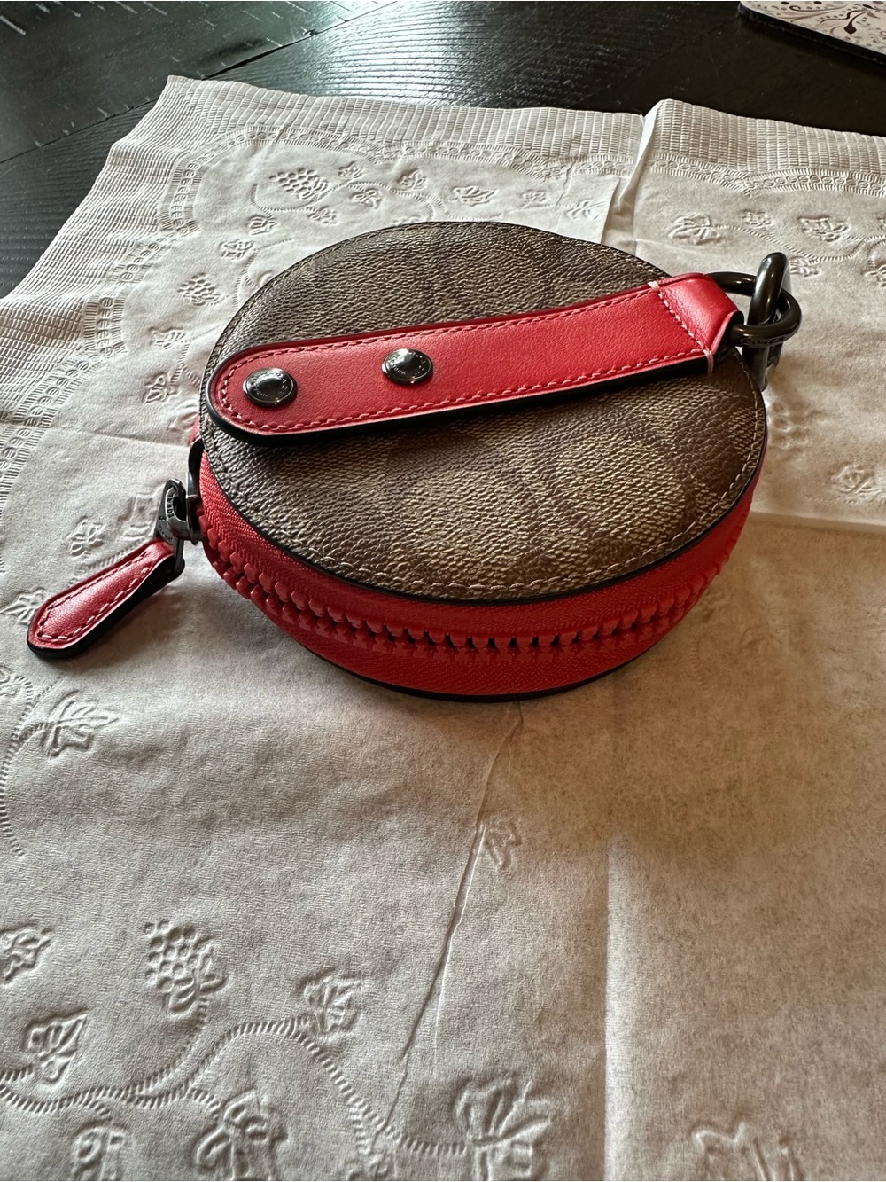 Coach Round Mini Coin Pouch in Brown with Red Trim - Picture 5 of 5
